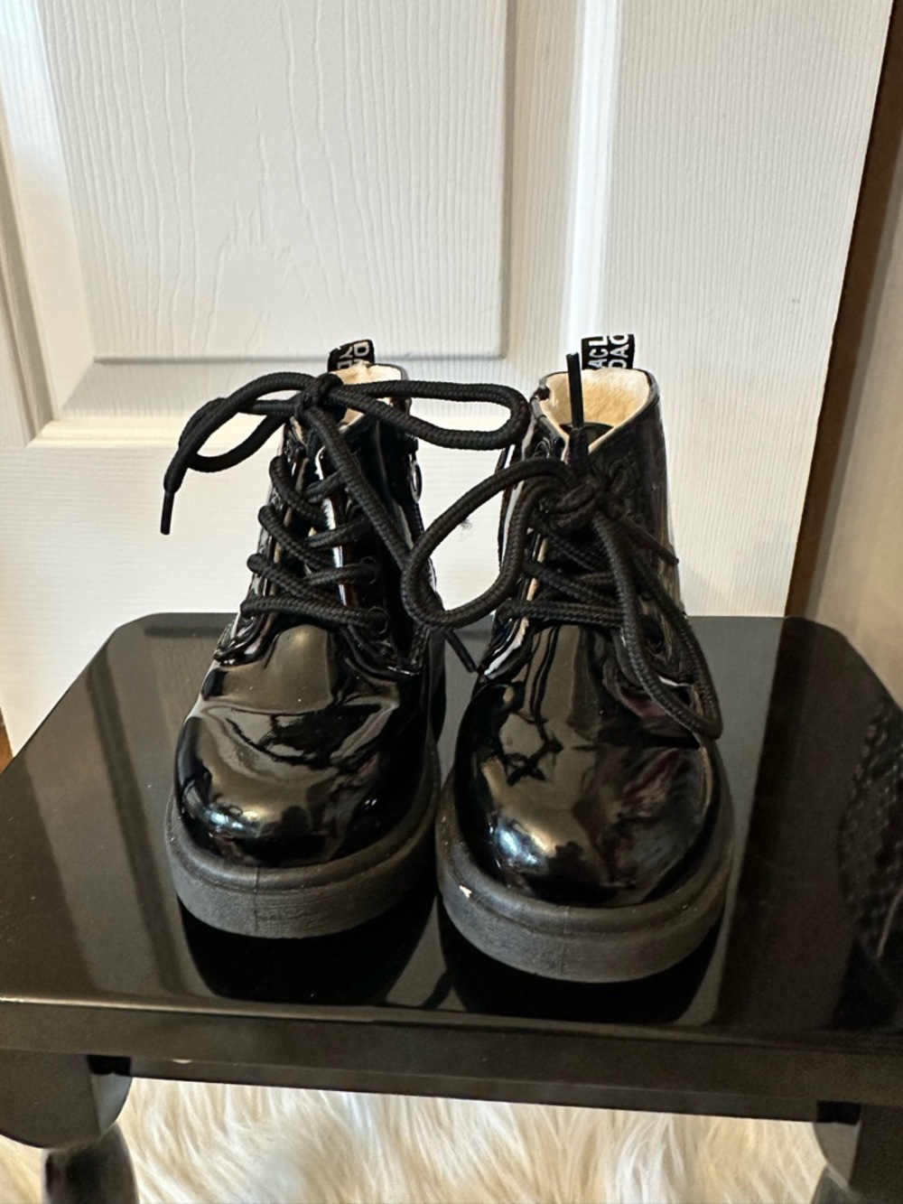 Kids Black Patent Lace-Up Boots